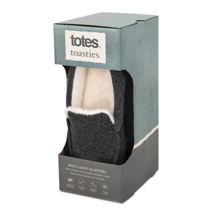 totes toasties® Mens Felt Moccasin Slipper With Sherpa Lining Grey Extra Image 1